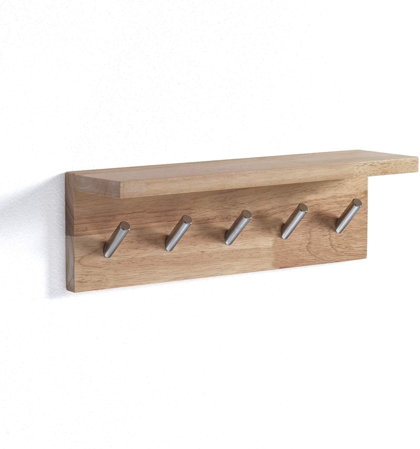 Appendiabiti da parete in legno finitura rovere con ganci in metallo cromato cm 38x10x12h