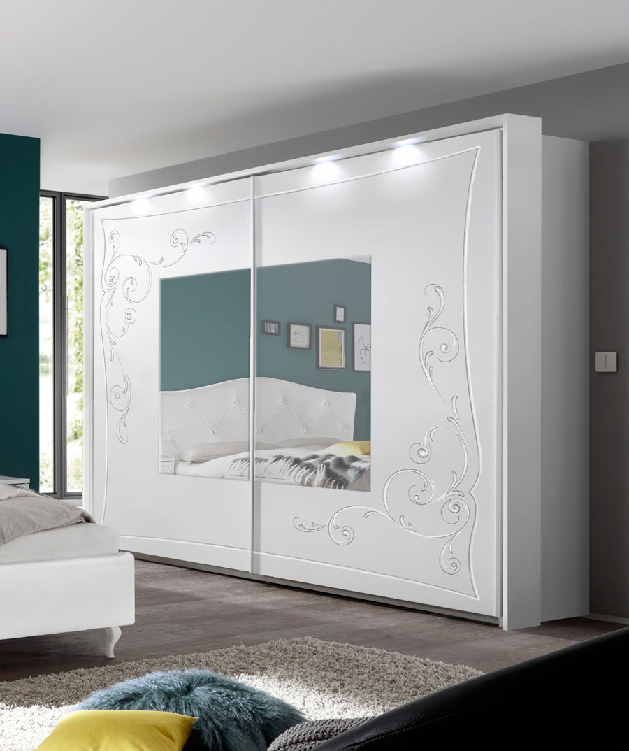 Eracleo - Armadio scorrevole colore bianco ante serigrafate con specchio cm 243x58x230h