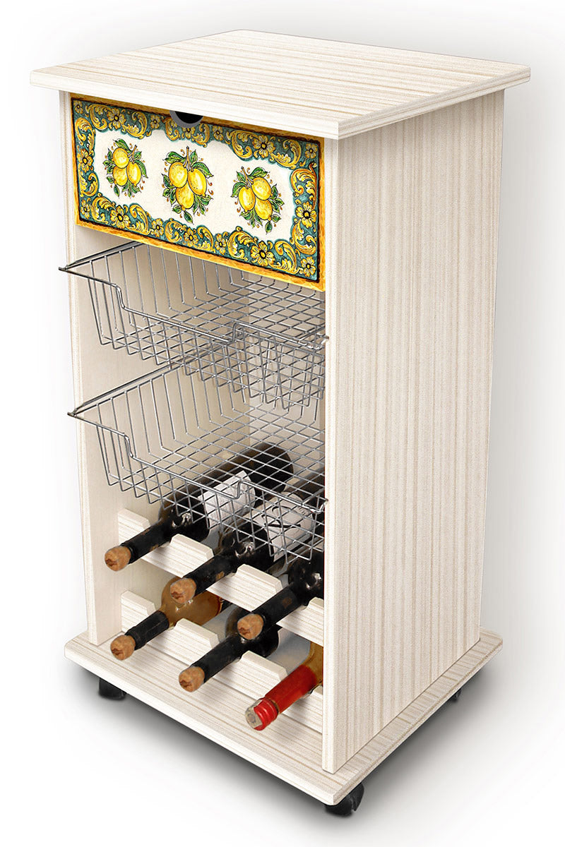 Carrello portabottiglie da cucina in legno con cesti e cassetto decorato cm 40x45x85h