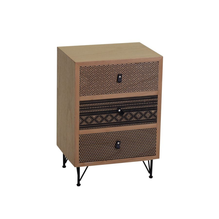 Cassettiera vintage 3 cassetti in legno decorato gambe in metallo cm 40x30x61h