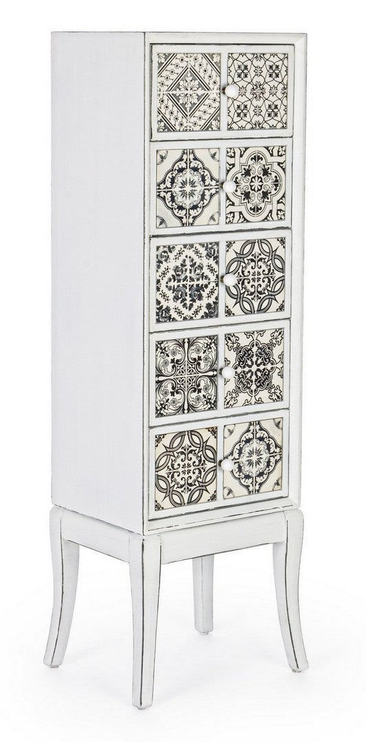 Cassettiera in legno 5 cassetti con inserti in ceramica decorati cm 40x32x131h