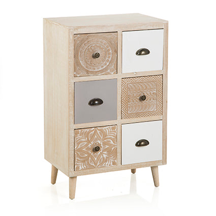 Cassettiera 6 cassetti quadrati in legno stile etnico cm 57x37x90h