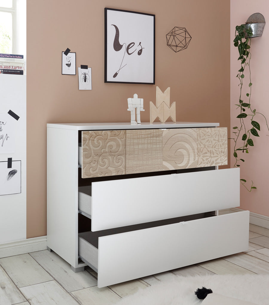 Astero - Cassettiera da camera 3 cassetti in rovere serigrafato e bianco cm 104x45x80h - immagine 2