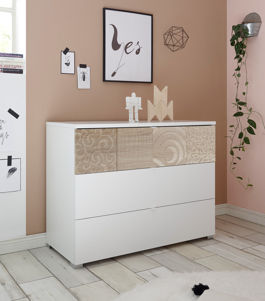 Astero - Cassettiera da camera 3 cassetti in rovere serigrafato e bianco cm 104x45x80h