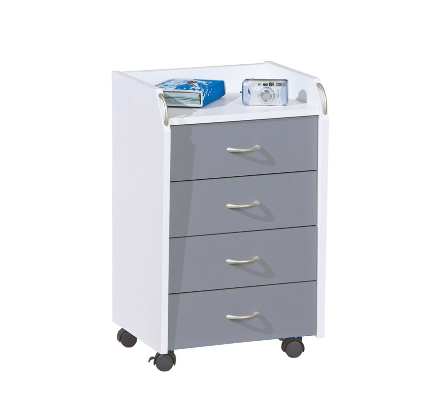 Emily - Cassettiera con ruote da ufficio con 4 cassetti in legno bianco e grigio cm 40x36x64h