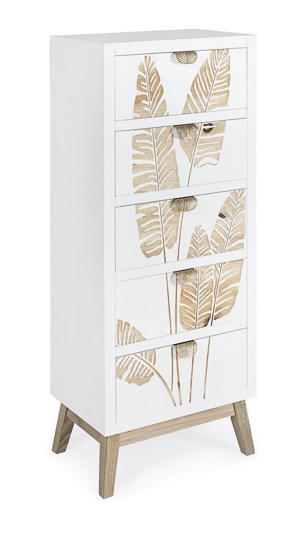 Cassettiera moderna con 5 cassetti decorazione con foglie cm 45x30x109h