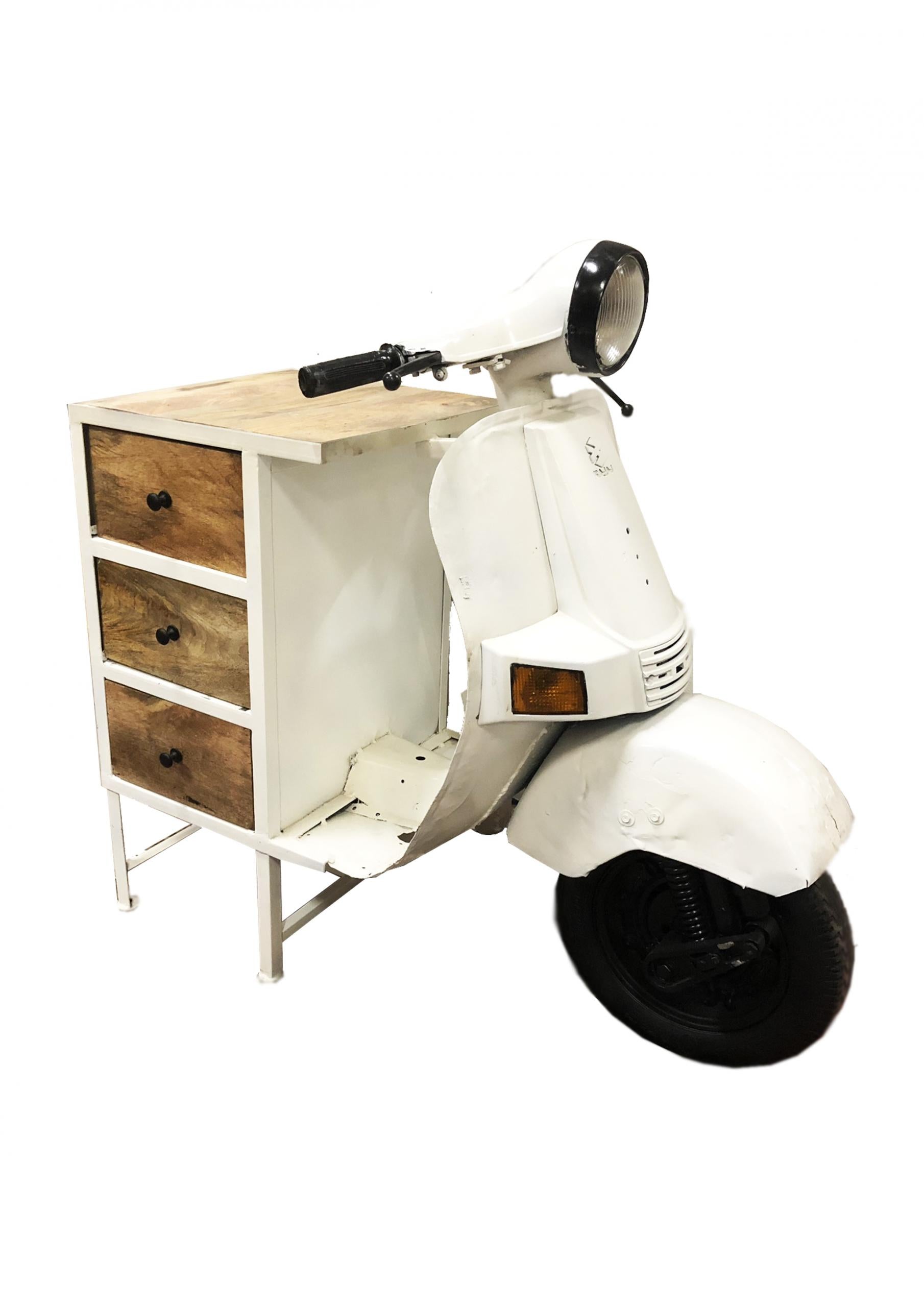 Cassettiera industrial vintage modello vespa in metallo bianco 3 cassetti in legno cm 68x130x105h