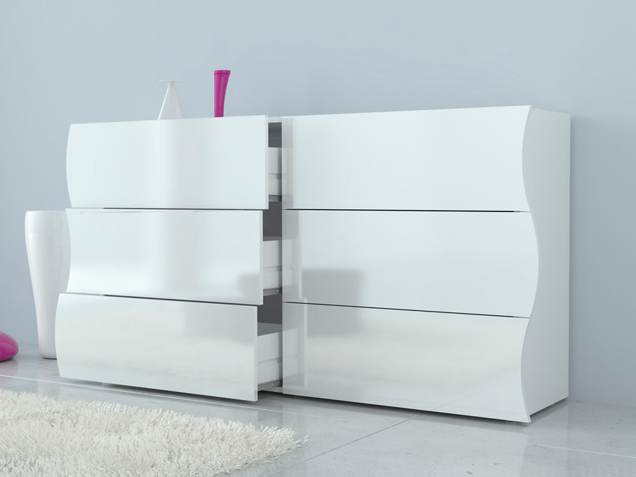 Peggy - Cassettiera design moderno onda in legno colore bianco lucido 6 cassetti cm 155x40x81h - immagine 2