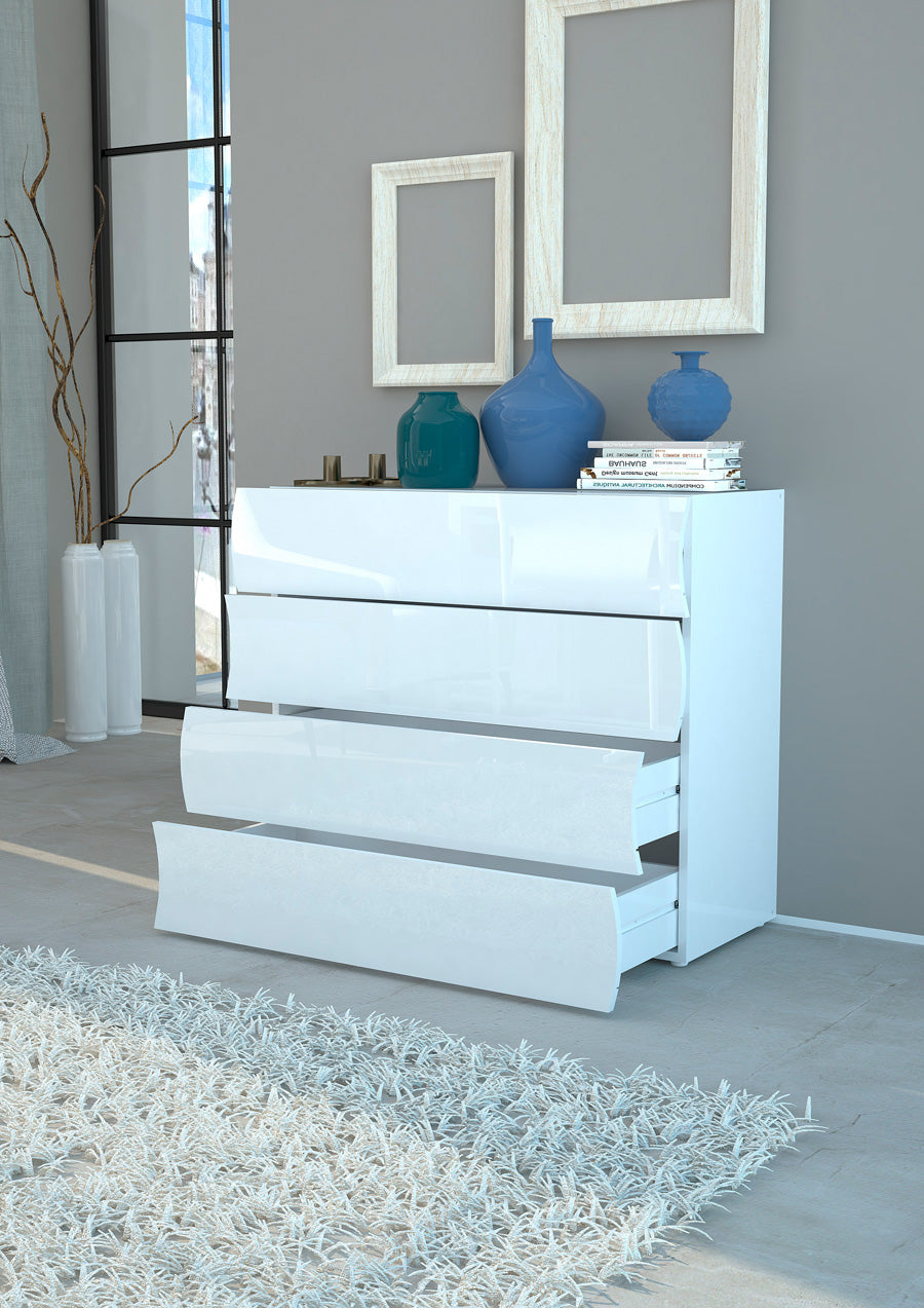 Arya - Cassettiera in legno bianco lucido 4 cassetti design onda cm 98x40x81h - immagine 2