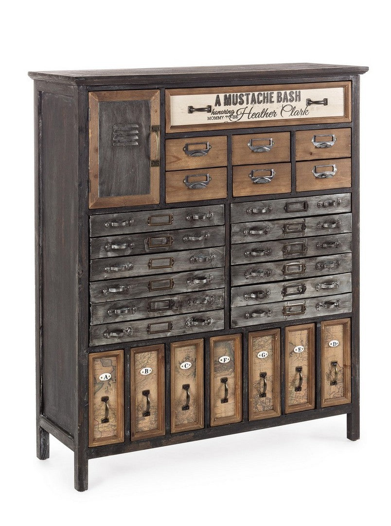 Cassettiera in legno e metallo 26 cassetti con anta stile industriale cm 95x34x113h