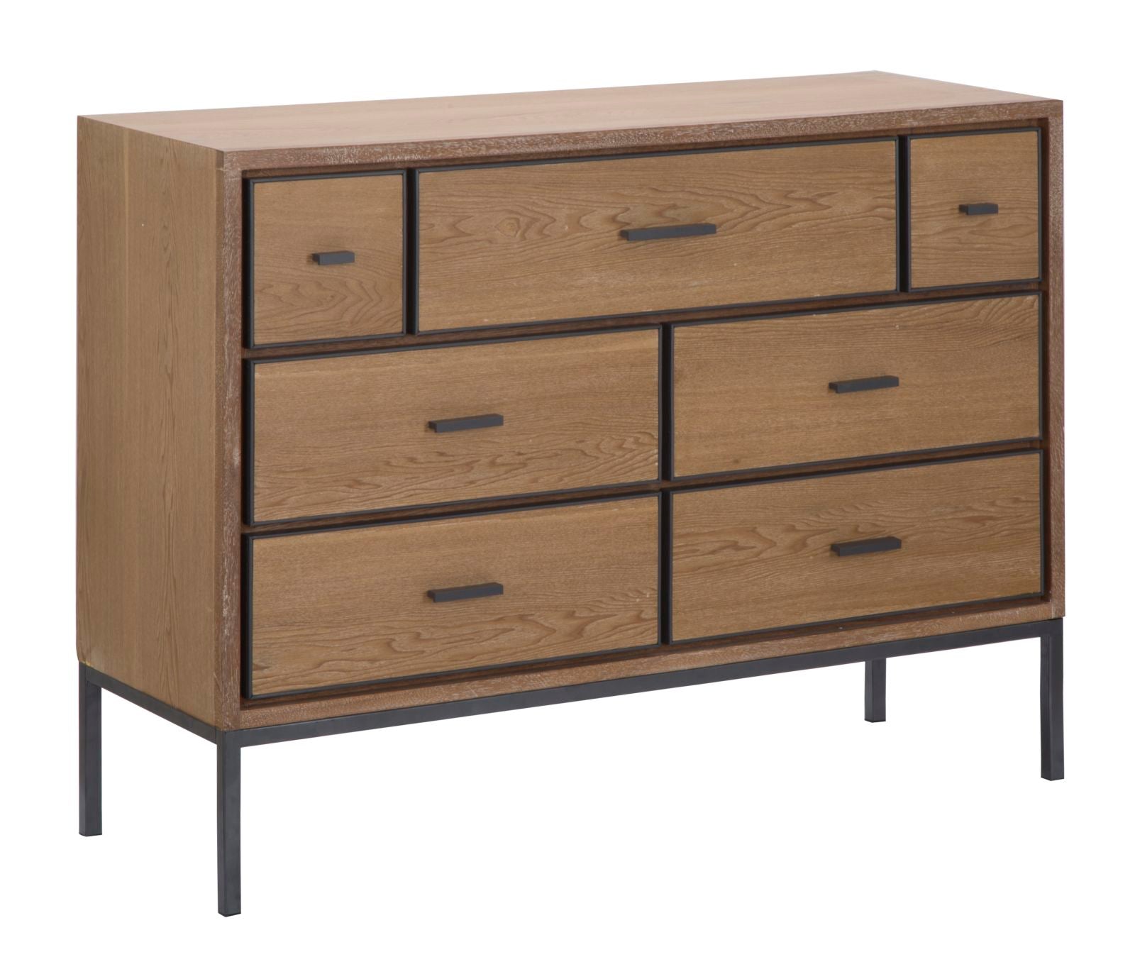 Comò cassettiera 7 cassetti in legno di abete naturale inserti colore nero cm 105x38x82h