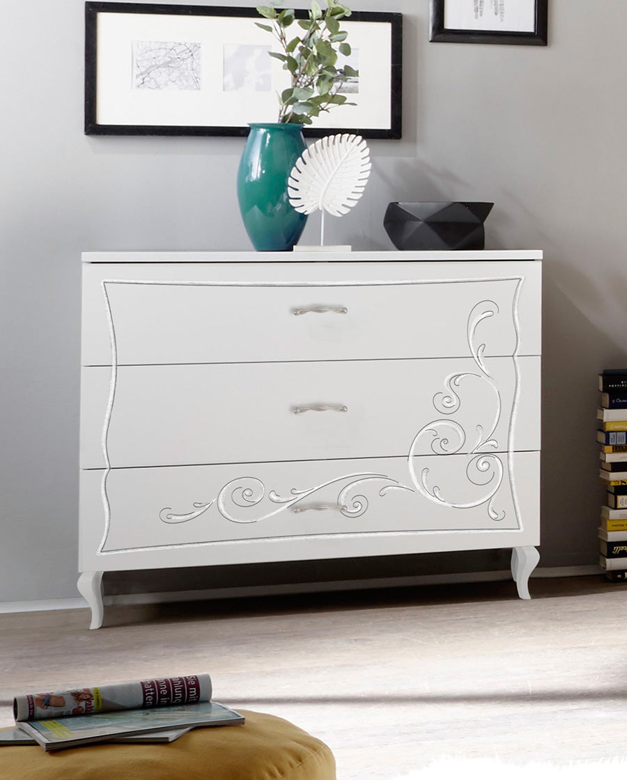 Metodio - Comò da camera cassettiera 3 cassetti in legno bianco serigrafato cm 104x45x92h