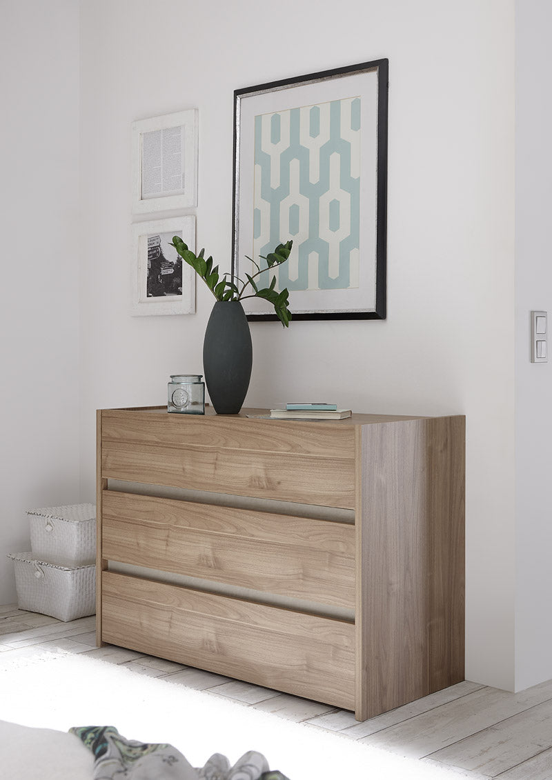 Janet - Comò moderno 3 cassetti da camera in legno colore noce cm 111x50x79h - vari colori