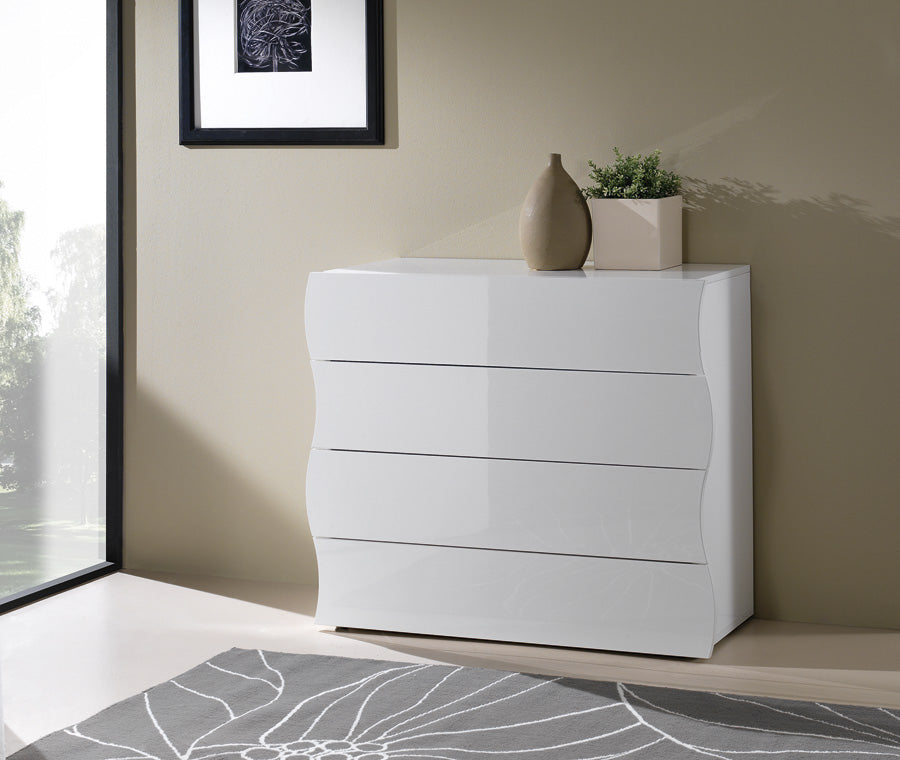 Arya - Cassettiera in legno bianco lucido 4 cassetti design onda cm 98x40x81h