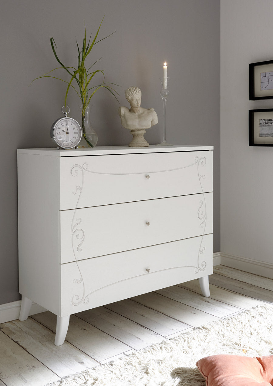 Canfora - Comò cassettone 3 cassetti in legno bianco con serigrafie cm 104x45x92h