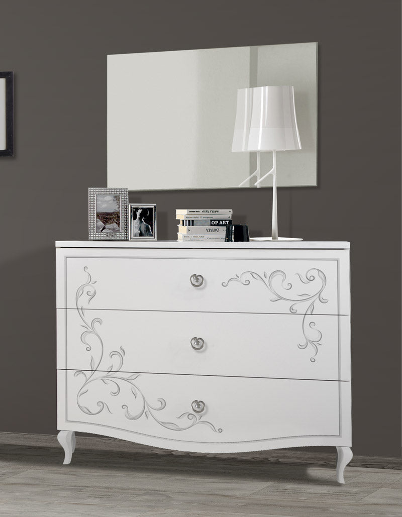 Rosette - Comò da camera in legno bianco opaco con serigrafie cm 104x45x92h