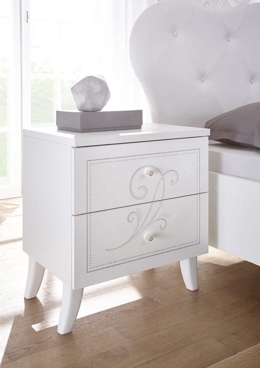 Alfiero - Comodino da camera 2 cassetti in legno bianco decorato cm 51x39x56h
