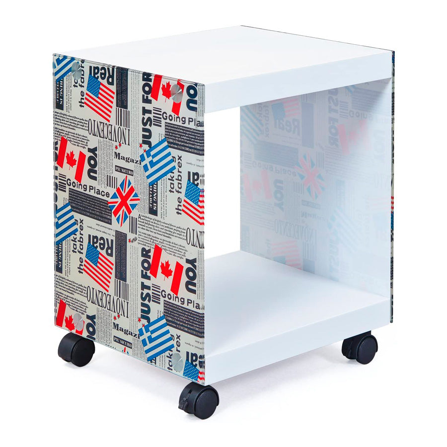 Flag - Tavolino cubo comodino da camera in legno e vetro serigrafato cm 38x35x46h
