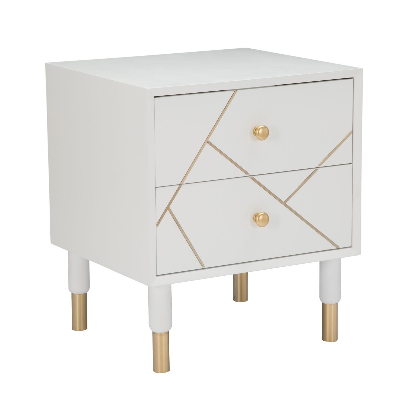 Comodino moderno 2 cassetti in legno colore bianco e metallo dorato cm 45x50x51h