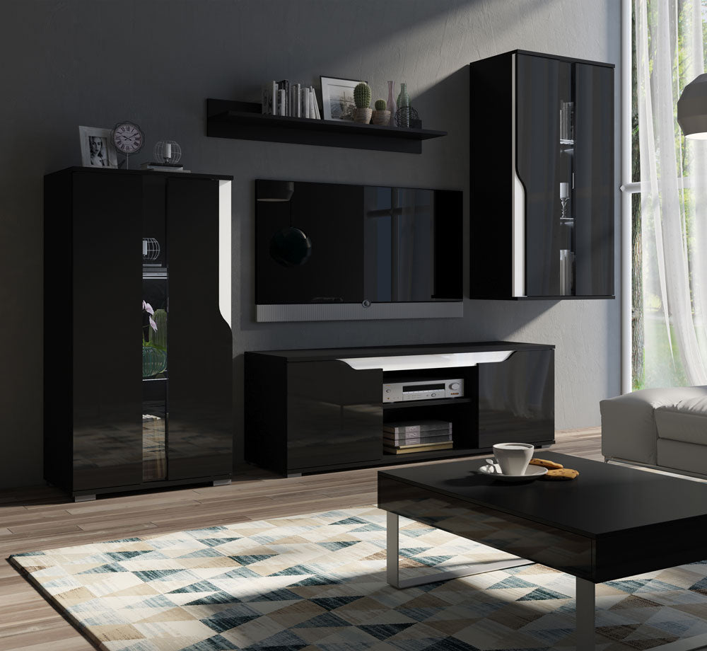 Molan - Composizione mobili soggiorno moderni con porta tv mensola e vetrine - vari colori