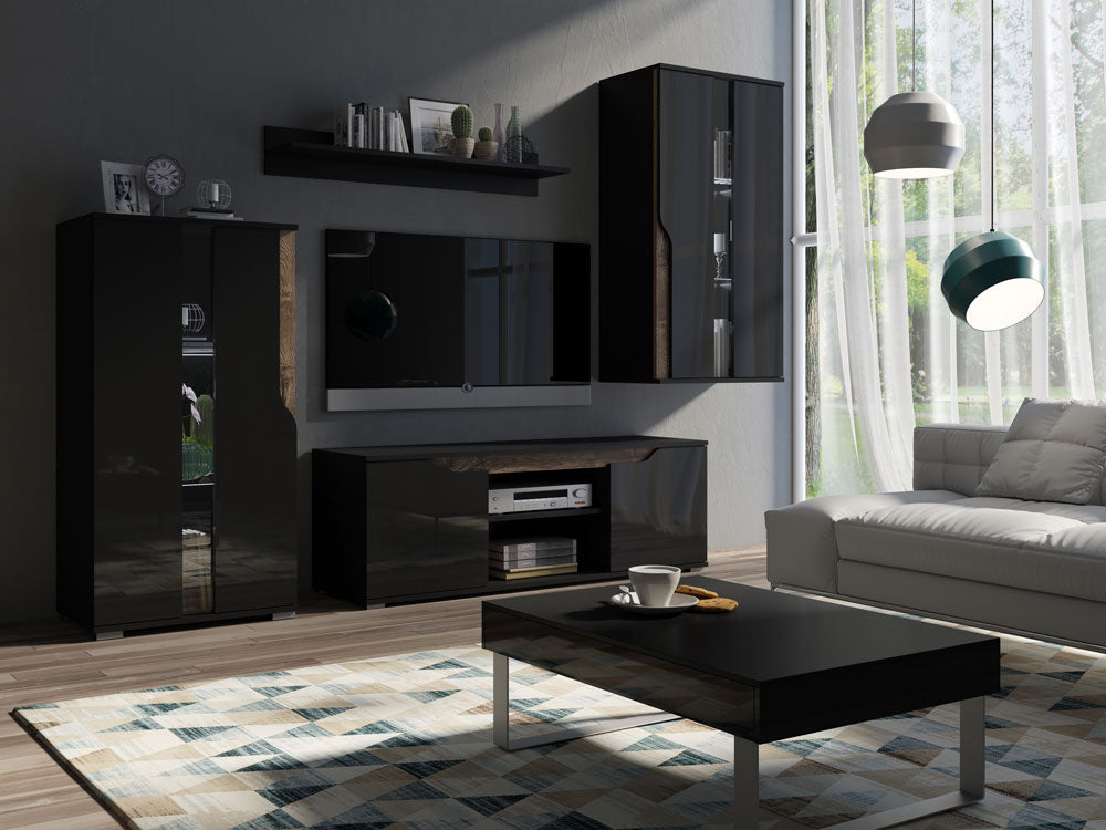 Molan - Composizione mobili soggiorno moderni con porta tv mensola e vetrine - vari colori - immagine 2