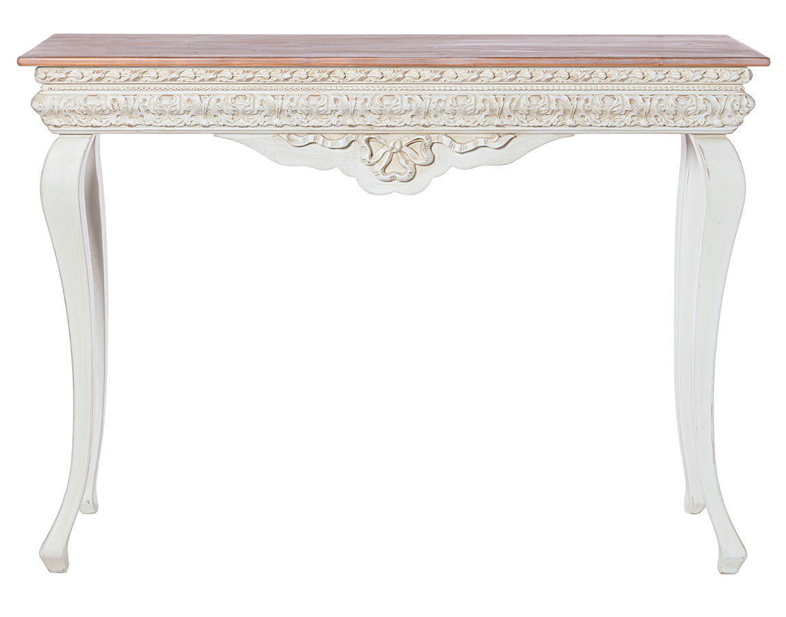 Consolle classica stile barocco in legno bianco e naturale effetto anticato cm 124x36x95h