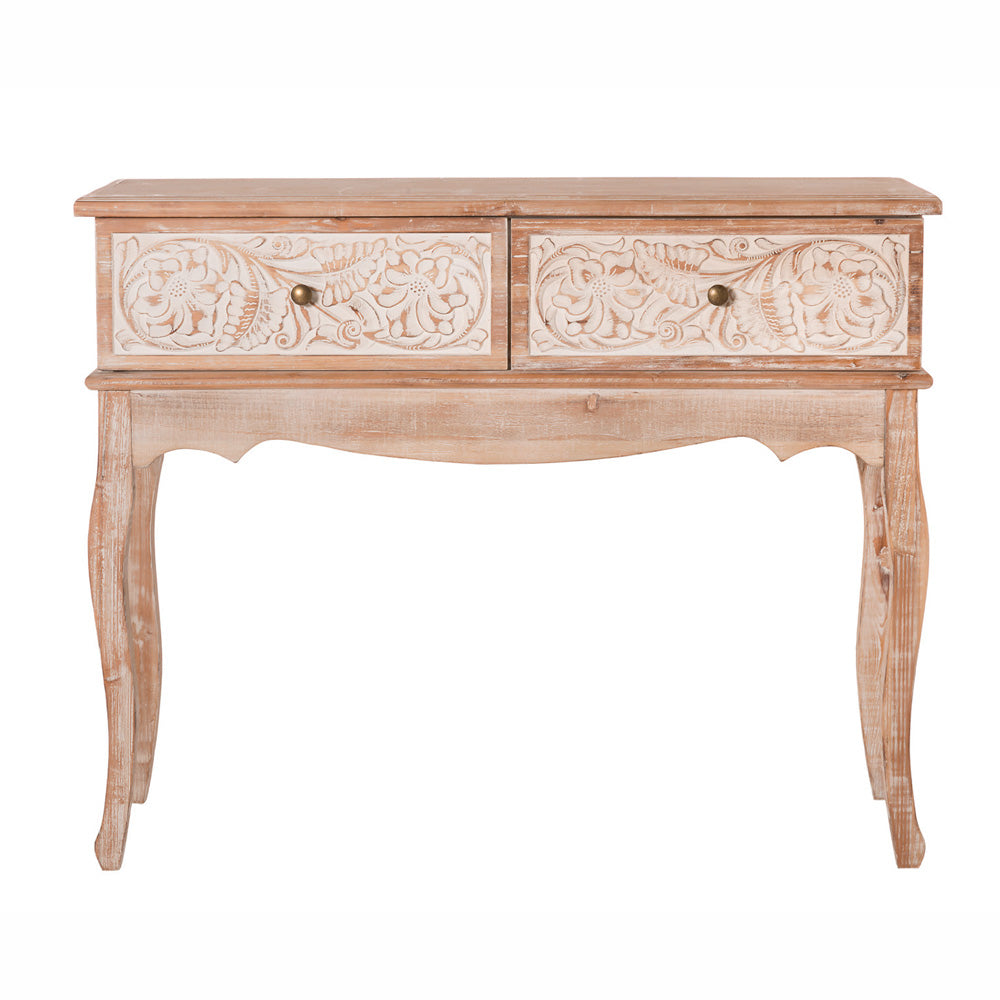 Consolle da ingresso in legno di abete invecchiato 2 cassetti lavorati cm 100x40x81h