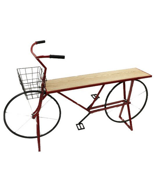 Tavolino consolle modello bici in metallo colore rosso piano in legno cm 153x24x98h