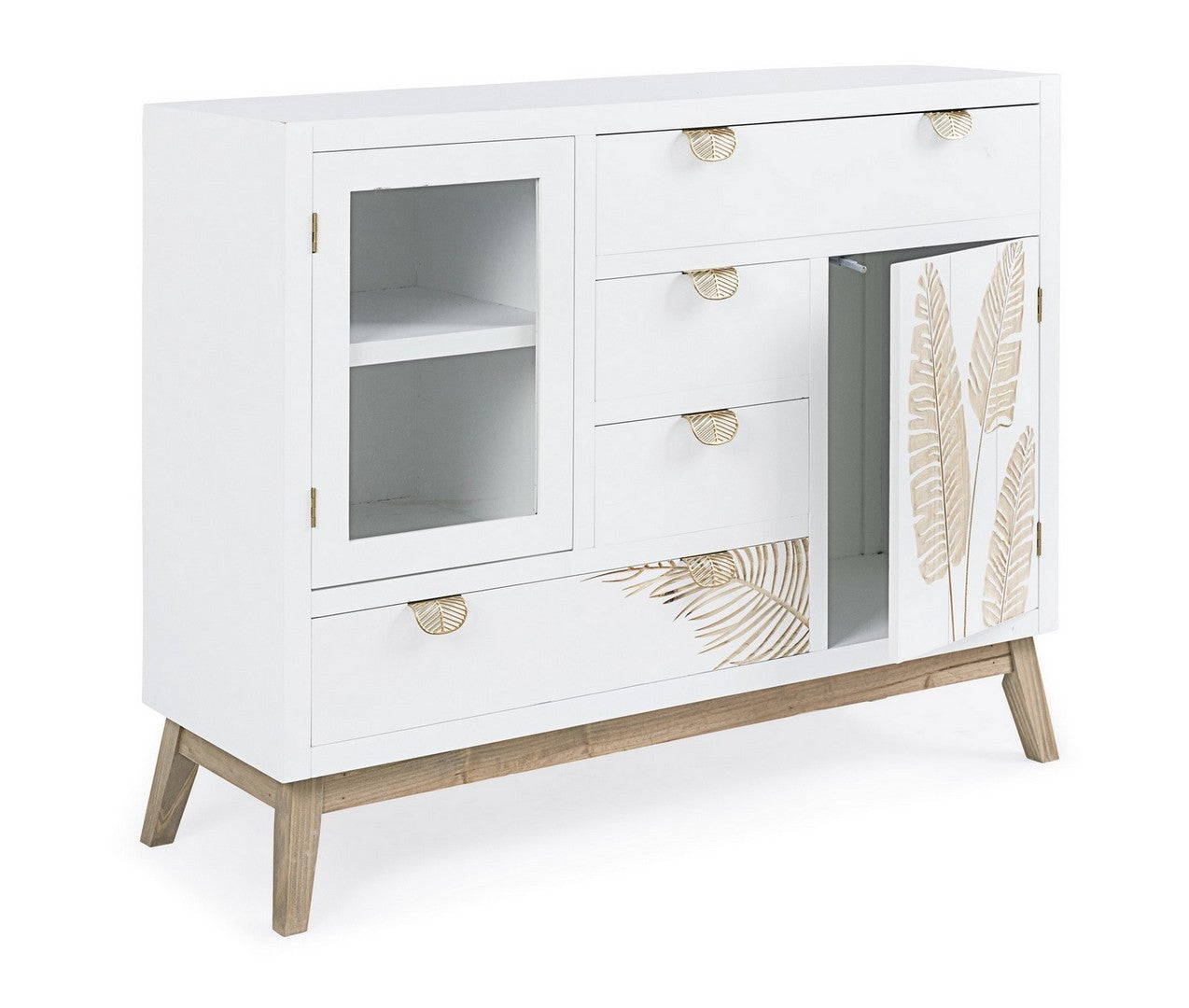 Credenza da soggiorno in legno bianco con anta e cassetti decoro con foglie cm 100x34x80h - immagine 2