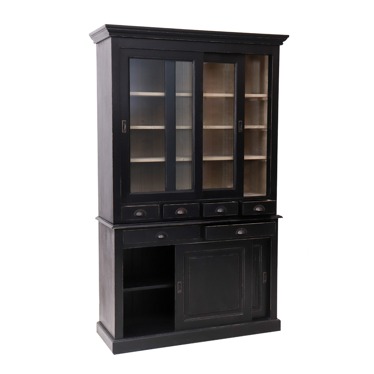 Mobile vetrina con ante scorrevoli cassetti e ante in legno massello nero cm 134x50x225h - immagine 2