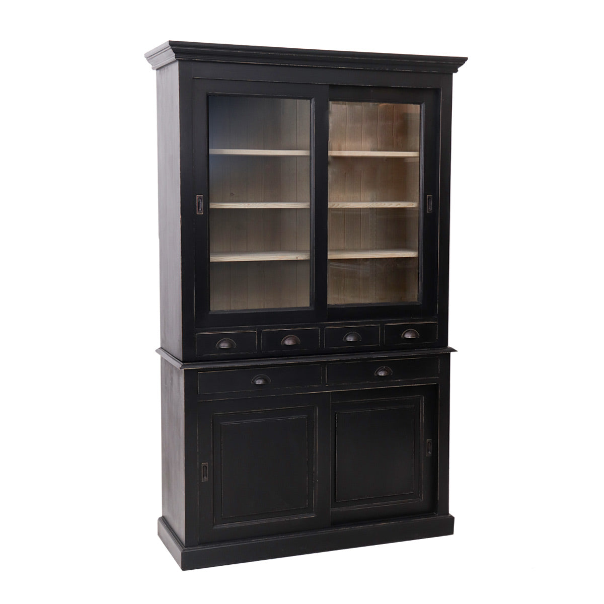 Mobile vetrina con ante scorrevoli cassetti e ante in legno massello nero cm 134x50x225h