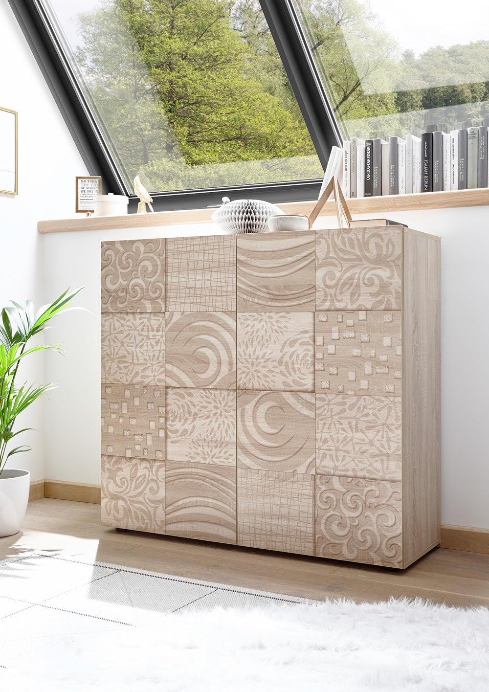Luke - Credenza due ante 6 vani interni rovere con disegni serigrafati cm 121x42x111h
