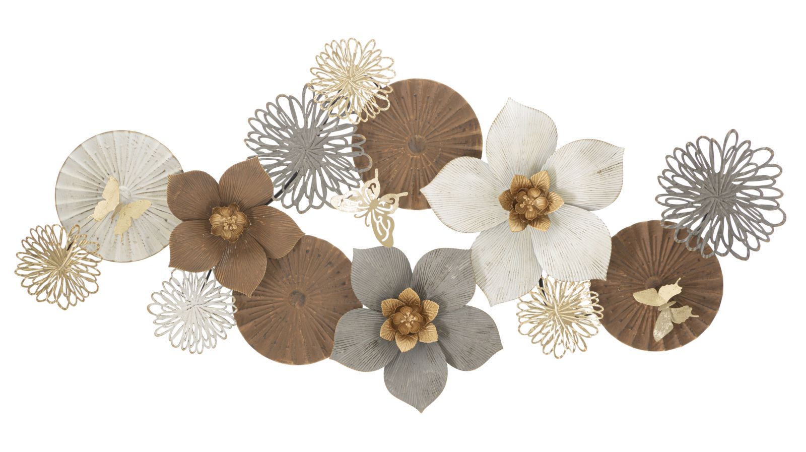 Decorazione per parete in metallo sagomato 3D con fiori e farfalle cm 136x7x68h