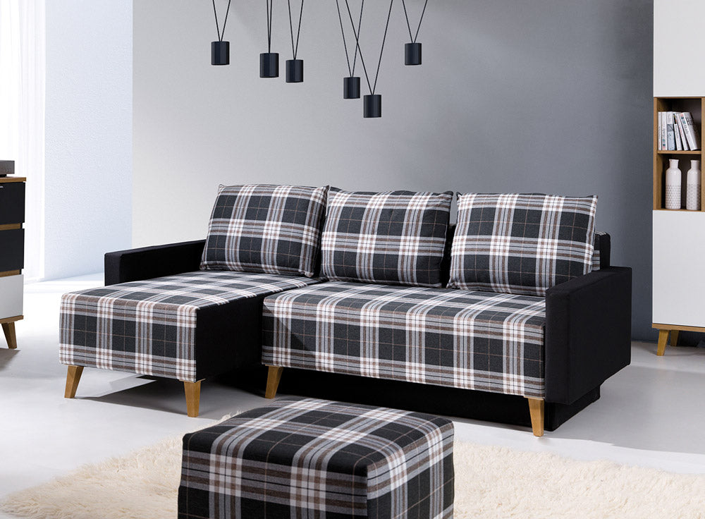 Donara - Divano letto angolare con contenitore rivestito in tessuto cm 225x140x90h