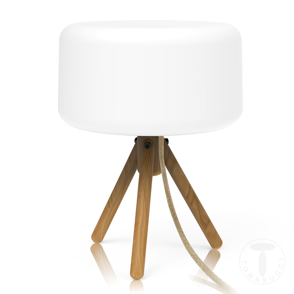 Lampada da tavolo moderna gambe in legno massello rovere paralume colore bianco cm ø 28x36h