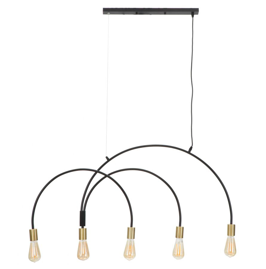 Lampadario design a sospensione 5 luci in metallo oro e nero cm 104x5x50h