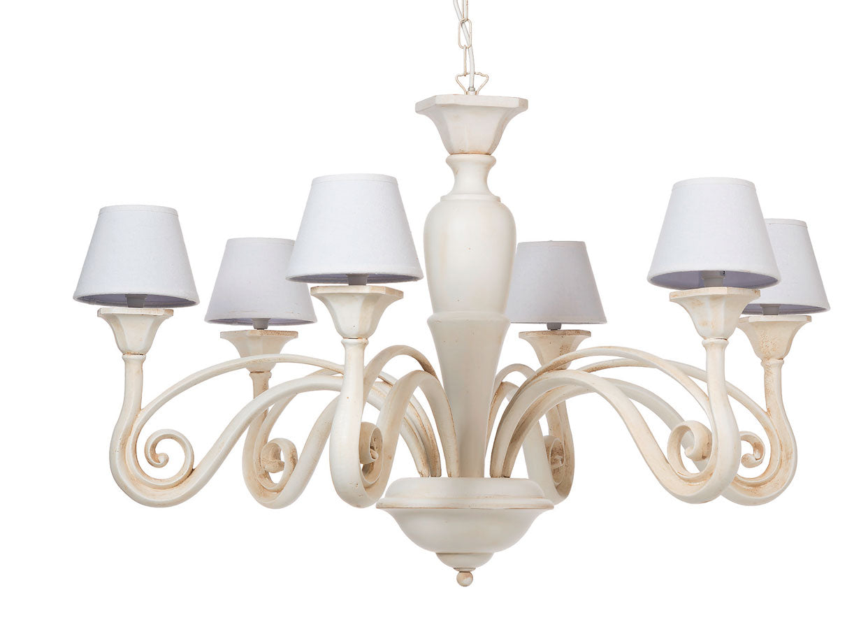 Lampadario da salotto classico in legno bianco con paralumi 6 luci cm 95x95x70h