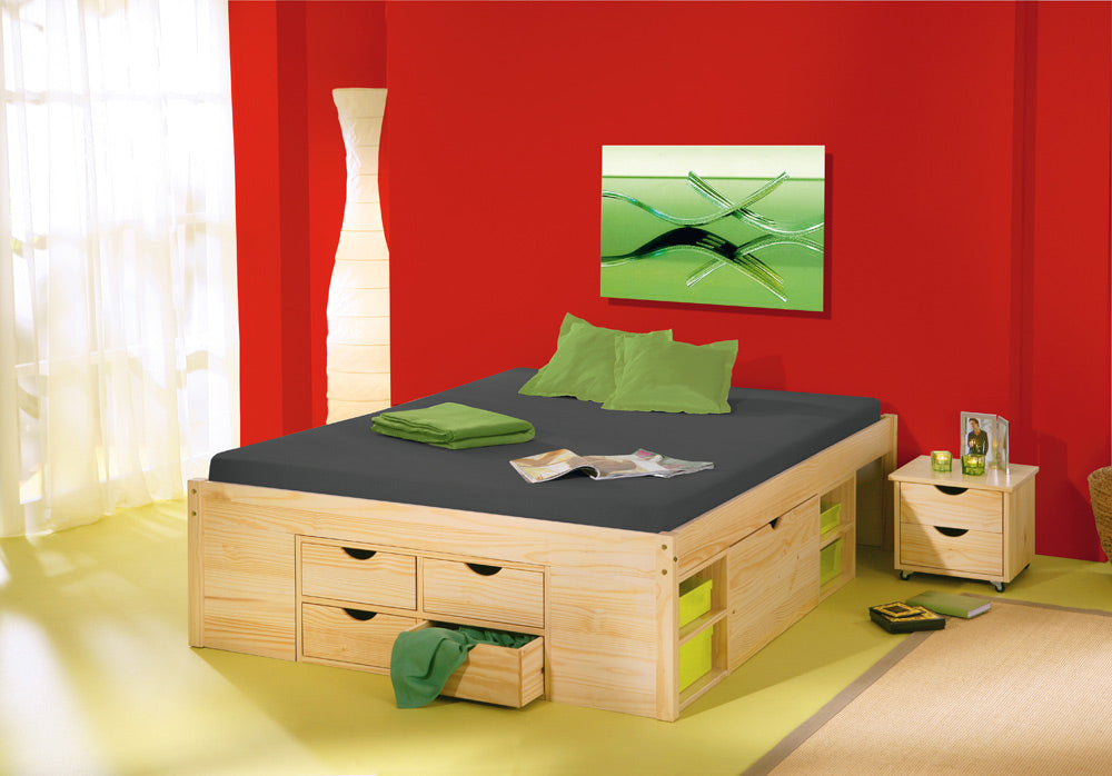 Fledin - Letto matrimoniale con cassetti e comodini in legno massello cm 166x209x48h