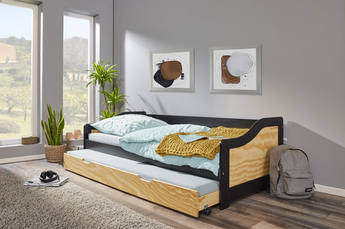 Ebony - Letto moderno singolo con secondo letto estraibile in legno naturale e nero cm 97x209x66h - immagine 2