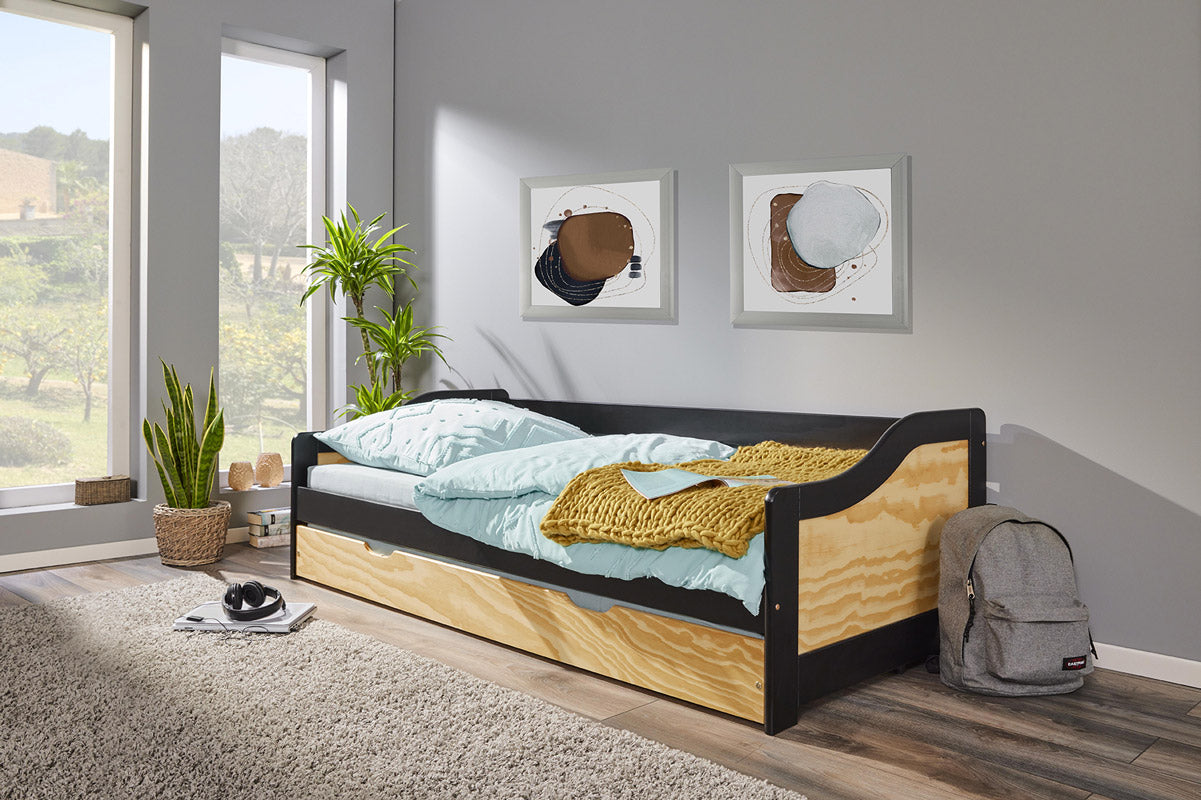 Ebony - Letto moderno singolo con secondo letto estraibile in legno naturale e nero cm 97x209x66h