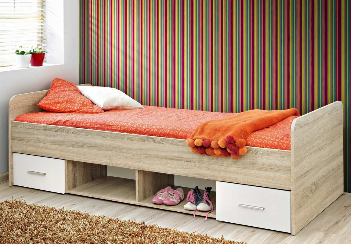 Letto singolo con cassetti e vani in legno quercia natura e bianco cm 96x204x64h