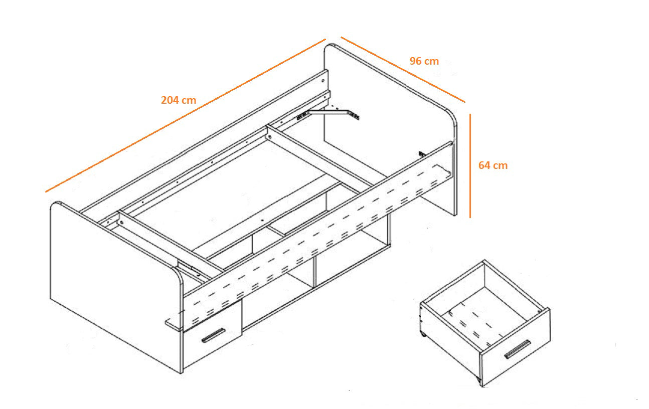 Letto singolo con cassetti e vani in legno quercia natura e bianco cm 96x204x64h - immagine 2