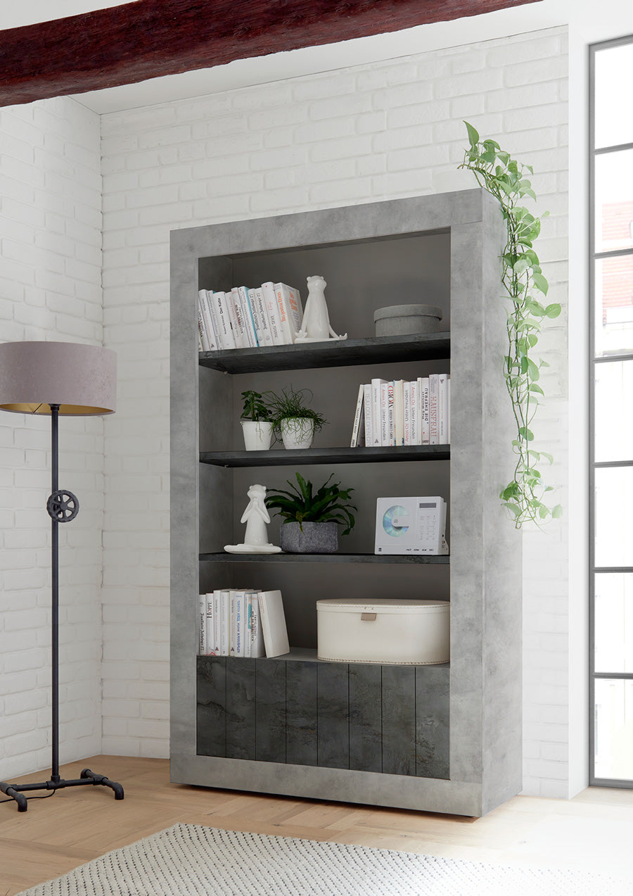 Garda - Libreria moderna colore cemento e ossido con ripiani e 2 ante cm 110x42x190h - immagine 2