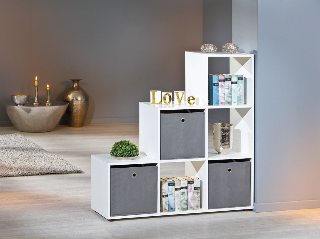Jerod - Libreria a scala in legno colore bianco bifacciale con 6 vani cm 105x33x109h - immagine 2