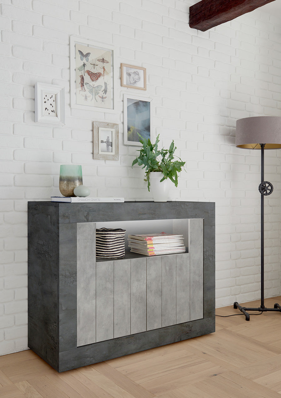 Eilen - Credenza mobile 2 ante in legno ossido e cemento cm 110x42x86h - immagine 2