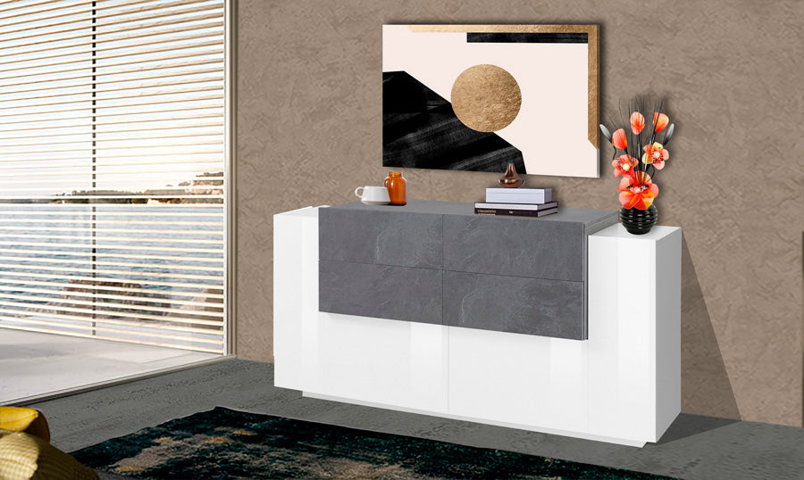 Irinna - Madia credenza in legno bianco lucido 2 ante e 4 cassetti cm 160x40/45x86h - vari colori