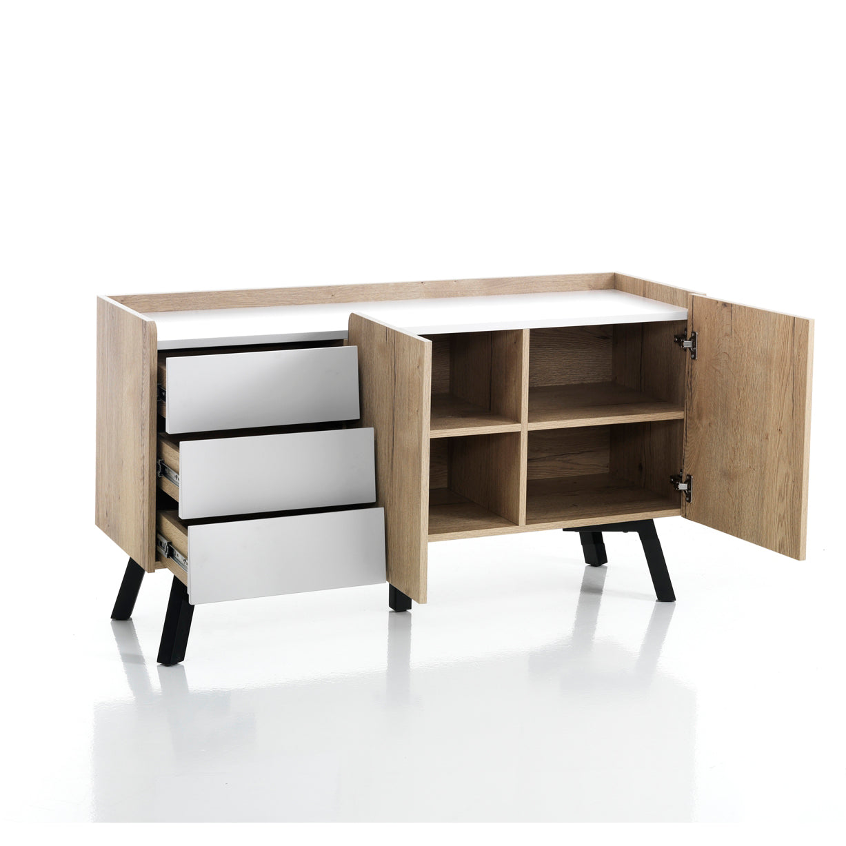 Madia soggiorno con ante e 3 cassetti moderno bianco e rovere cm 128x42x70h - immagine 2
