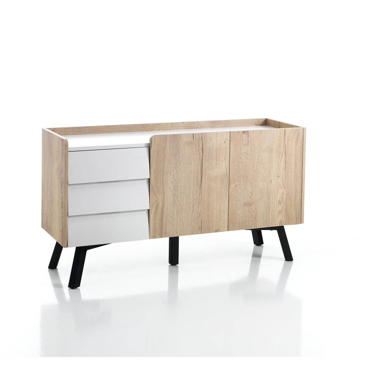 Madia soggiorno con ante e 3 cassetti moderno bianco e rovere cm 128x42x70h