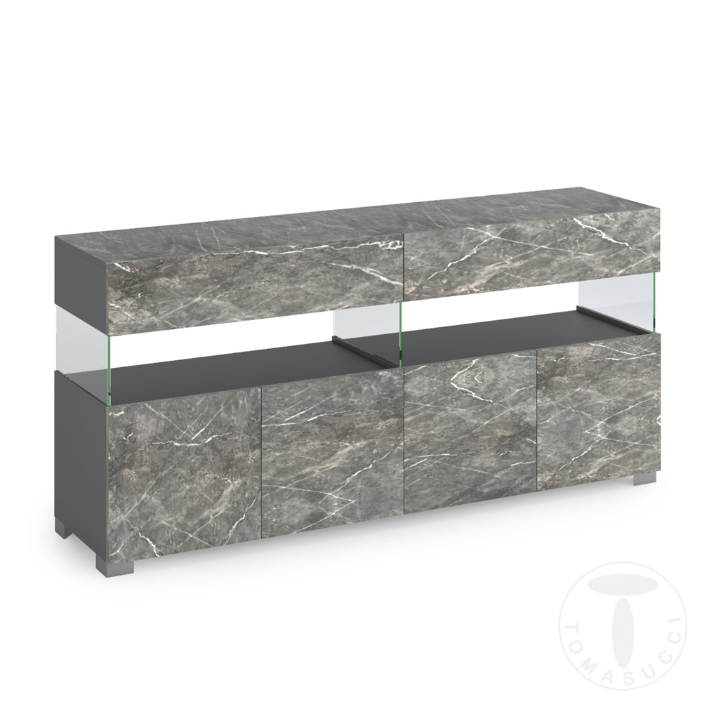 Mobile living in legno e vetro con 4 ante e 2 cassetti colore marmo grigio cm 172x40x81h