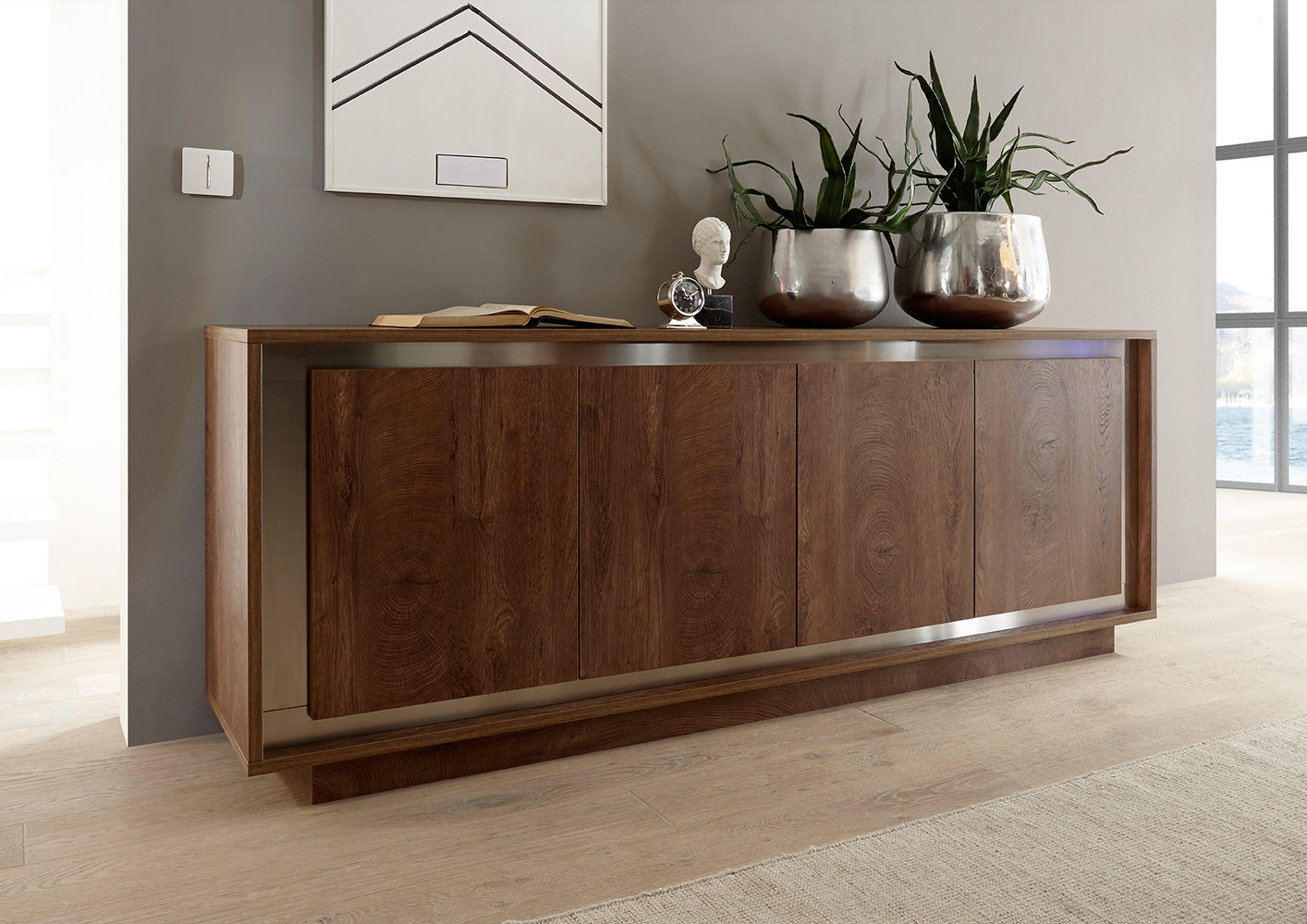 Winona - Madia moderna per living in legno rovere cognac cm 207x50x80h
